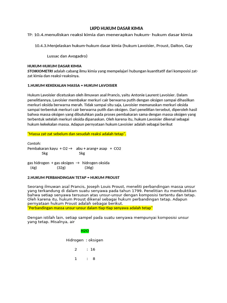 Hukum Dasar Kimia dan Stoikiometri | PDF