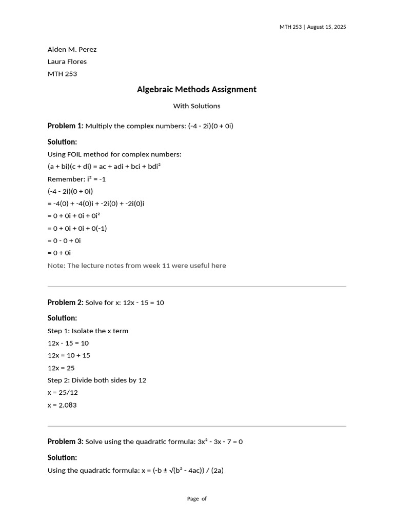 Algebraic Methods Solutions Guide | PDF | Quadratic Equation | Algebra