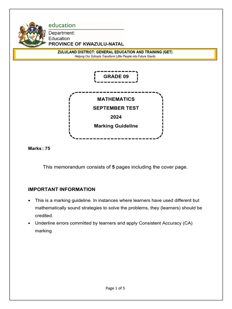 Grade 9 Mathematics September 2024 Memo | PDF | Mathematics | Applied ...