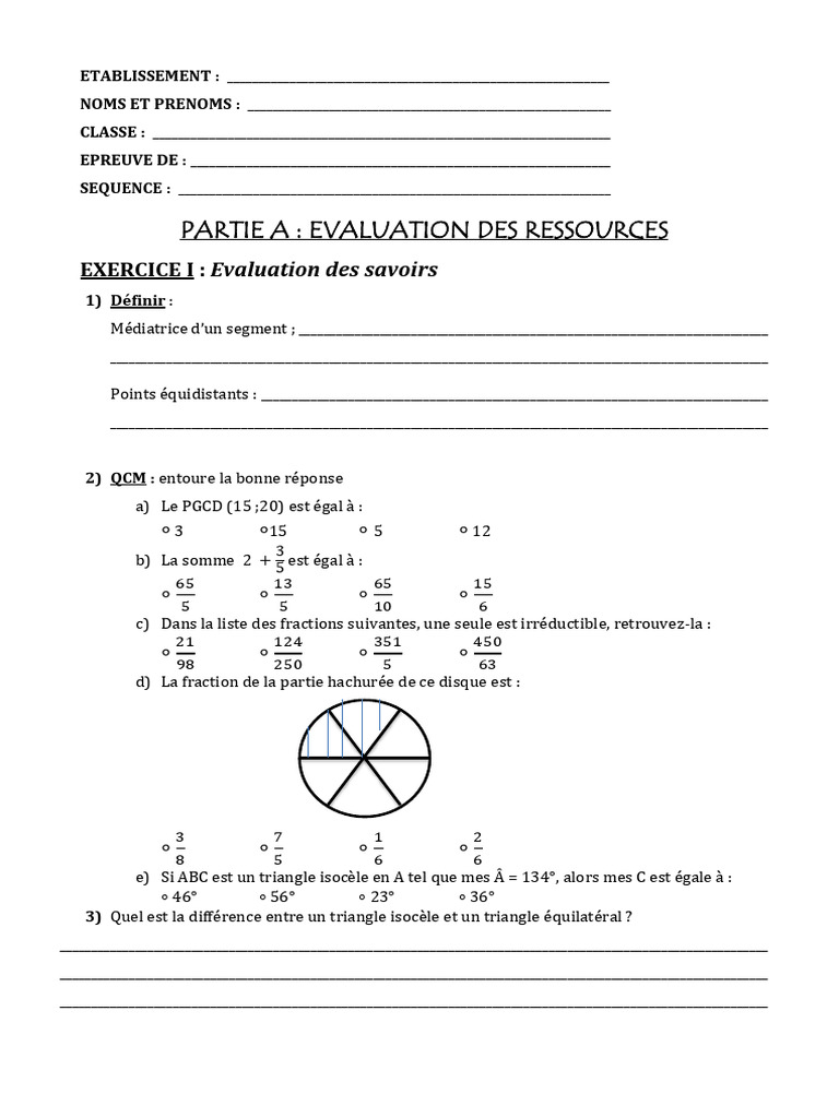 Évaluation Mathématique : Fractions et Triangles | PDF | Triangle ...