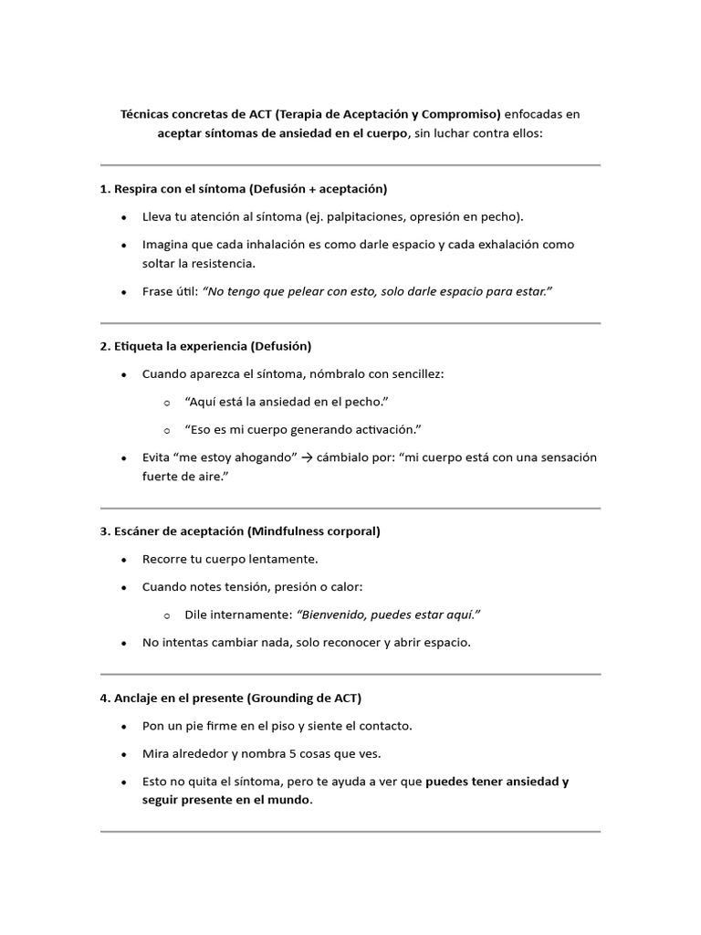 Técnicas ACT para Aceptar la Ansiedad | PDF | Ansiedad