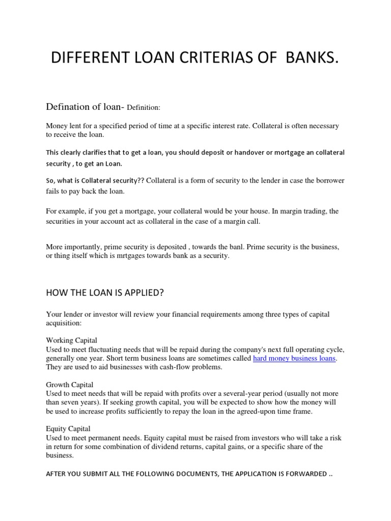 Different Loan Criterias of Banks Loans Interest