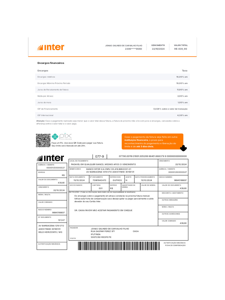 Fatura de Cartão Inter - R$ 439,90 | PDF | Tecnologia bancária | Setor ...