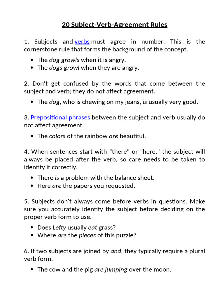 20 Rules of Subject-Verb Agreement | PDF | Plural | Grammatical Number