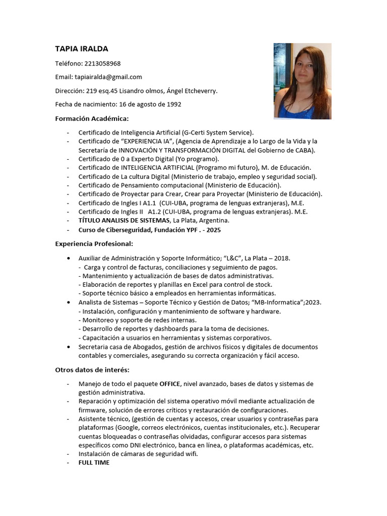 Perfil Profesional de Tapia Iralda | PDF | Soporte técnico ...