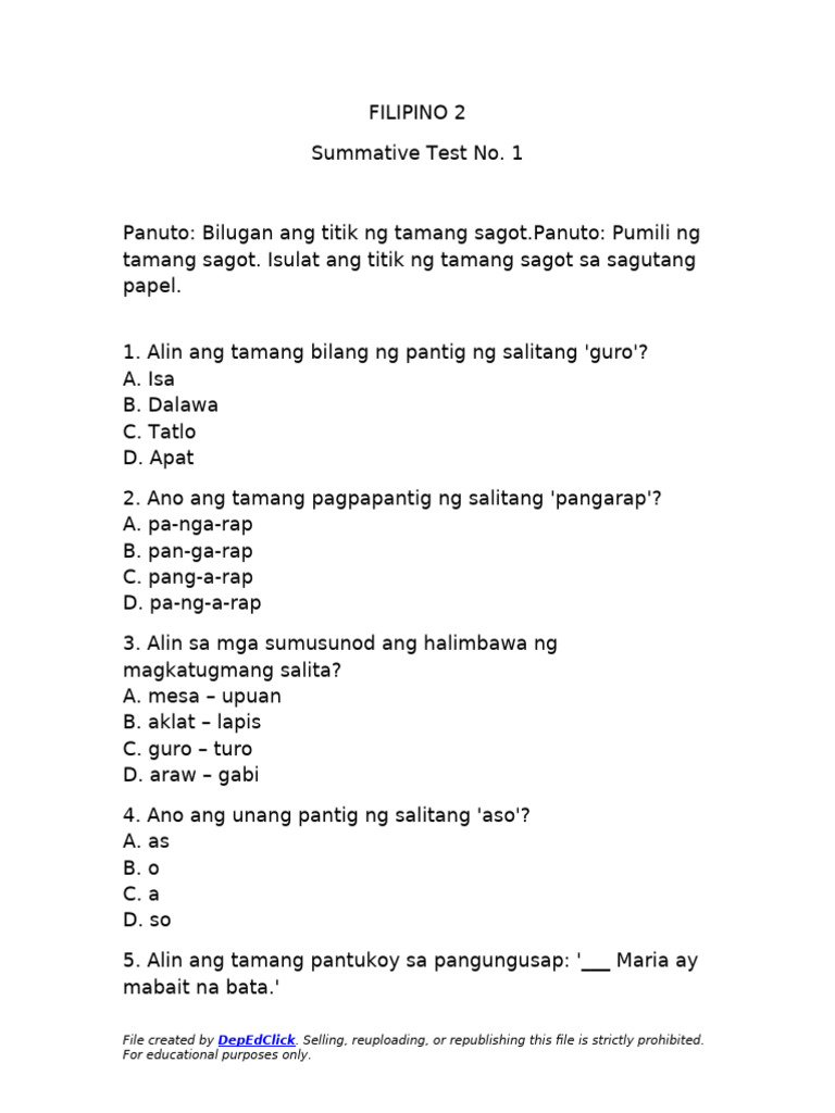 Filipino 2 Summative Test q2 w1-w2 | PDF