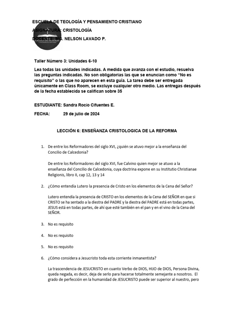 Taller #3 Unidades 6 A La 10ff | PDF | Cristología | Jesús