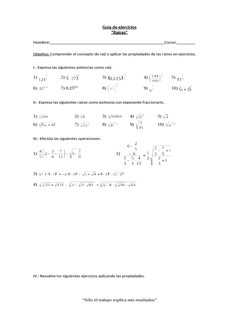 Ejercicios sobre Raíces y Potencias | PDF