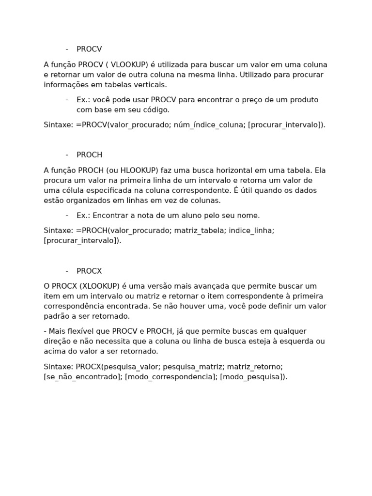 Funções PROCV, PROCH e PROCX Explicadas | PDF