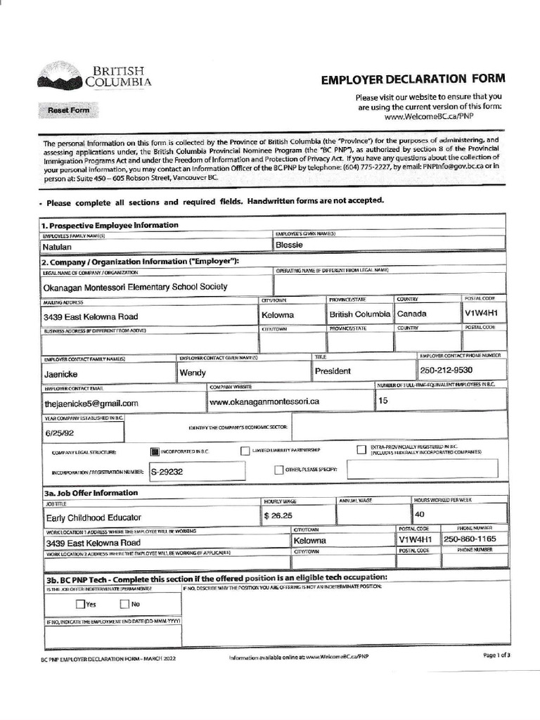 Blessie Employer Declaration Form Compressed | PDF