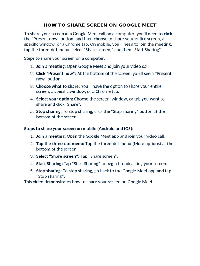 Share Screen on Google Meet Guide | PDF