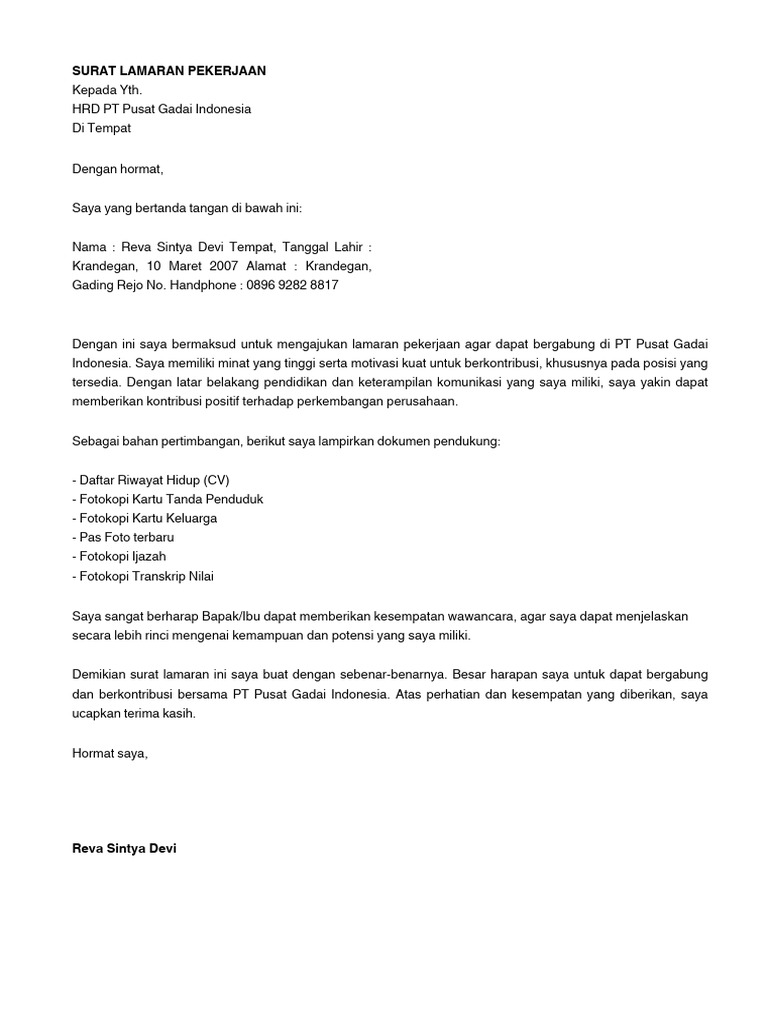 Surat Lamaran Pekerjaan Reva Devi | PDF