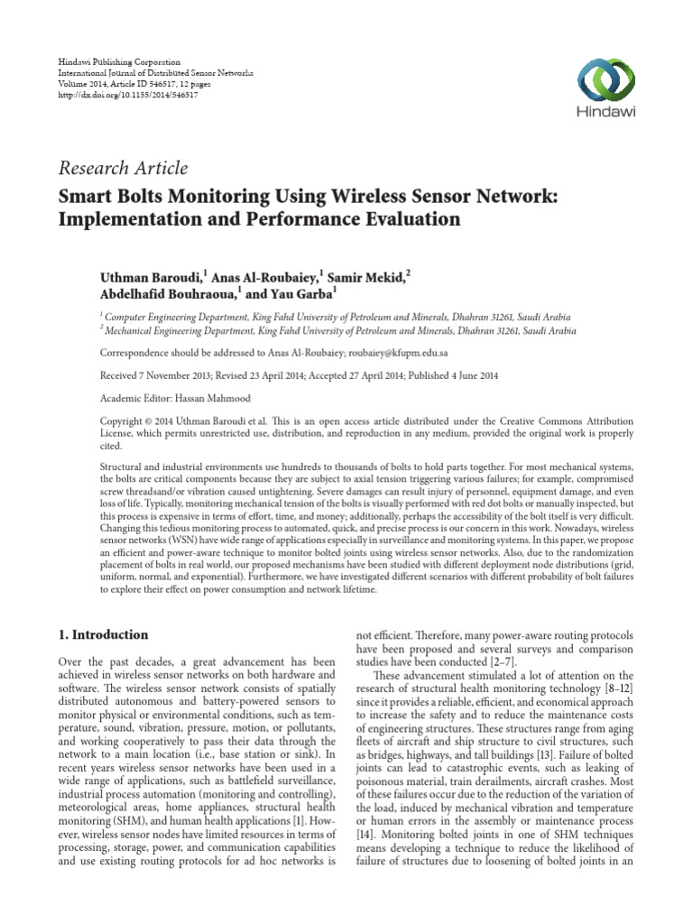 Research Article: Smart Bolts Monitoring Using Wireless Sensor Network ...