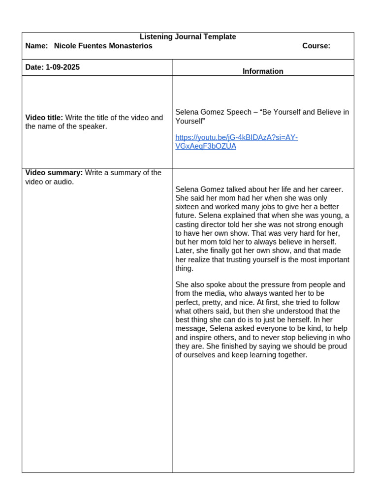 Selena Gomez Speech Listening Journal | PDF | Vocabulary | Human ...