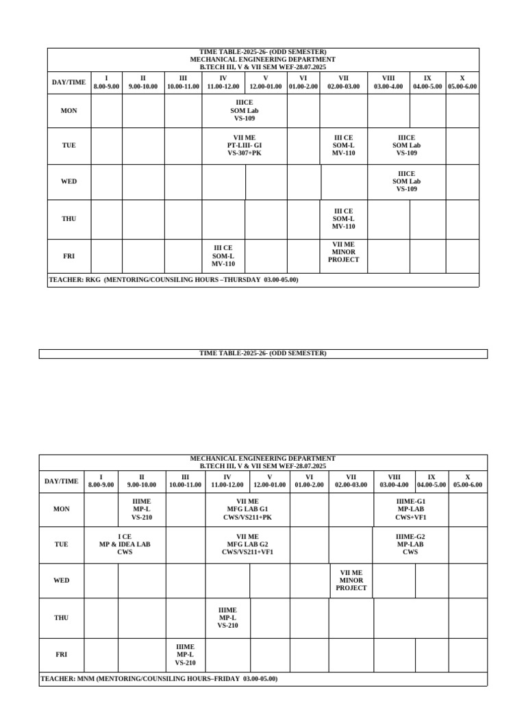 B.Tech Mechanical Engineering Timetable 2025 | PDF | Engineering ...