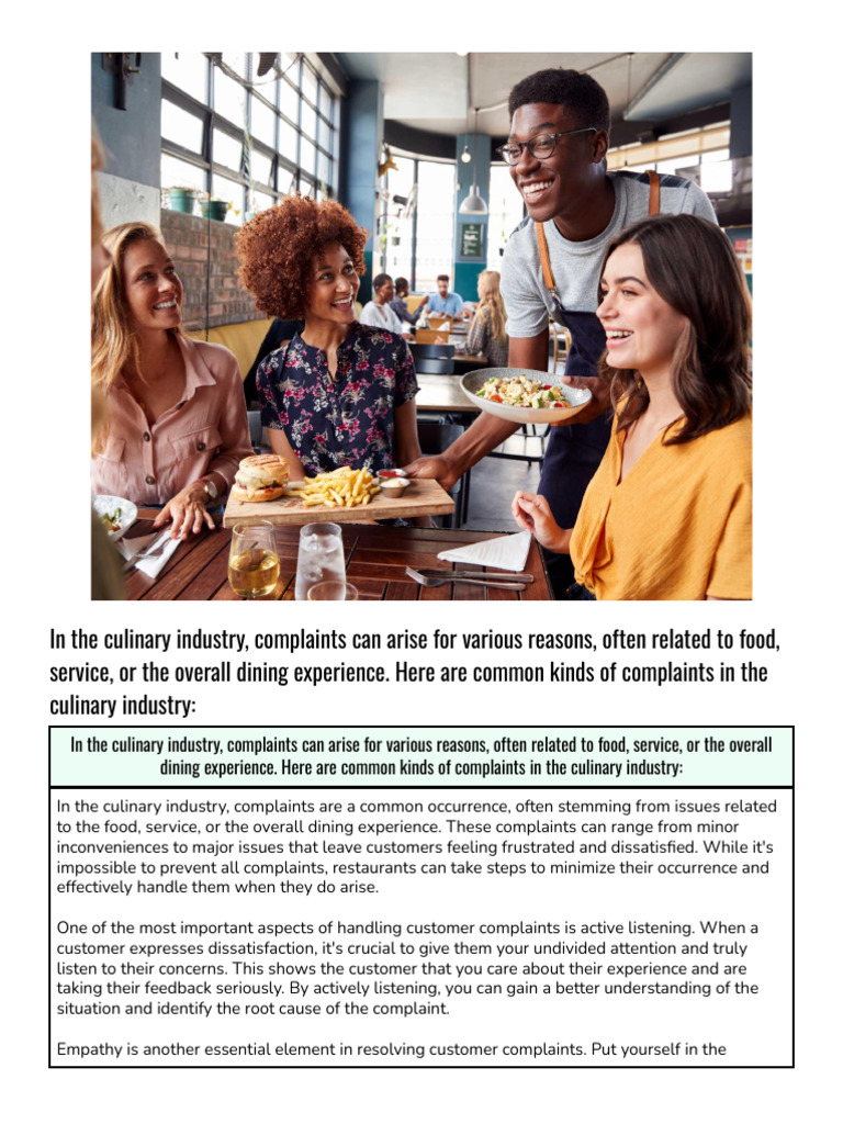 In The Culinary Industry, Complaints Can Arise For Various Reasons ...