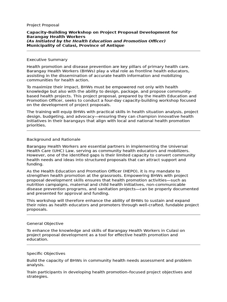 Workshop for BHWs on Proposal Development | PDF | Capacity Building