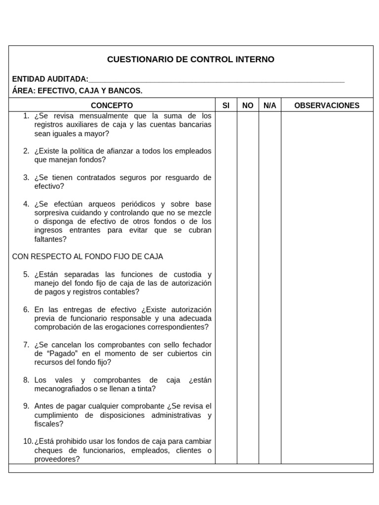 Cuestionario de Control Interno Financiero | PDF | Cheque | Bancos