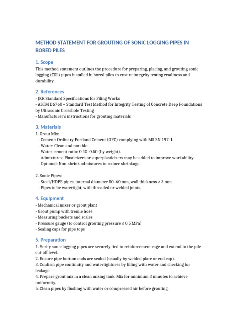 Sonic Pipe Grouting Method Statement | PDF | Pipe (Fluid Conveyance ...