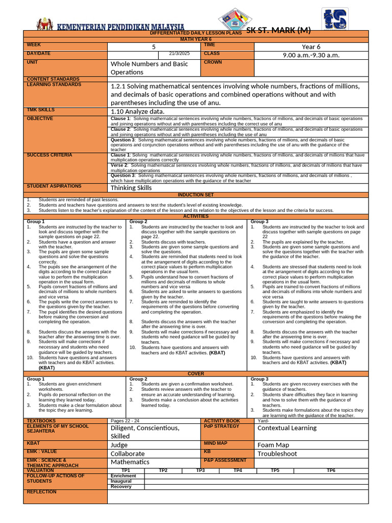Year 6 Math Lesson Plans: Whole Numbers | PDF | Teachers | Integer