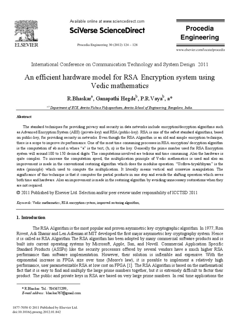 An Efficient Hardware Model For RSA Encryption System Using Vedic ...