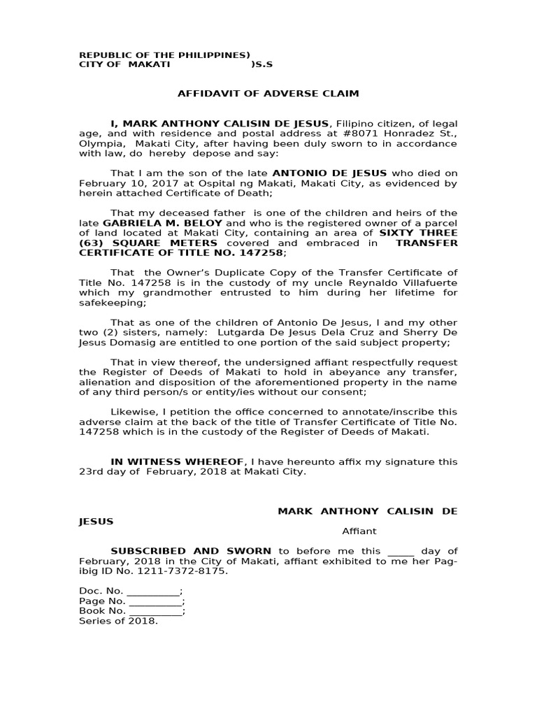 Affidavit of Adverse Claim in Makati | PDF | Affidavit | Civil Law ...