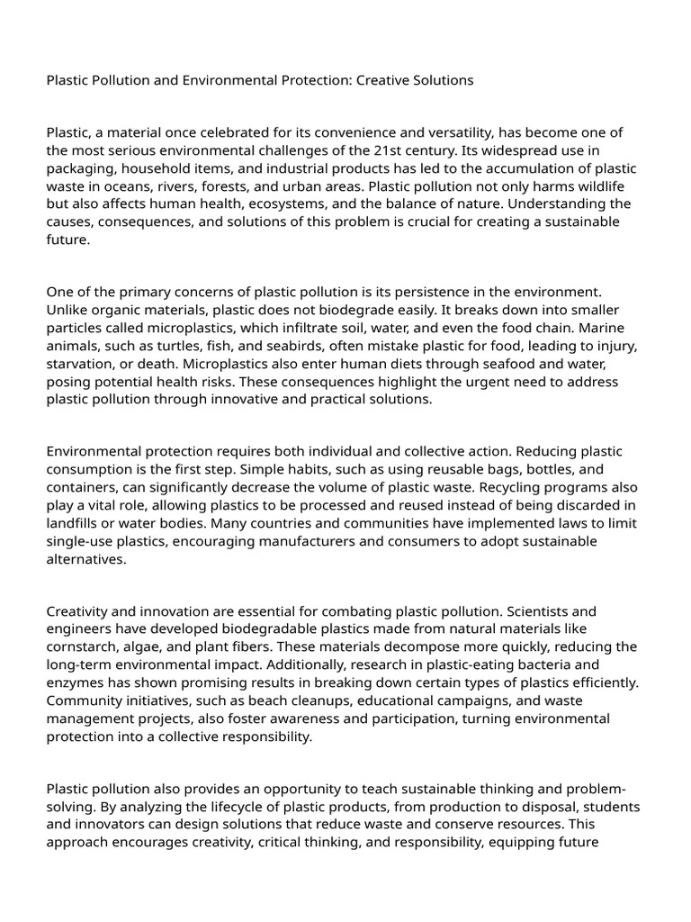 Combatting Plastic Pollution Solutions | PDF | Plastic | Natural ...