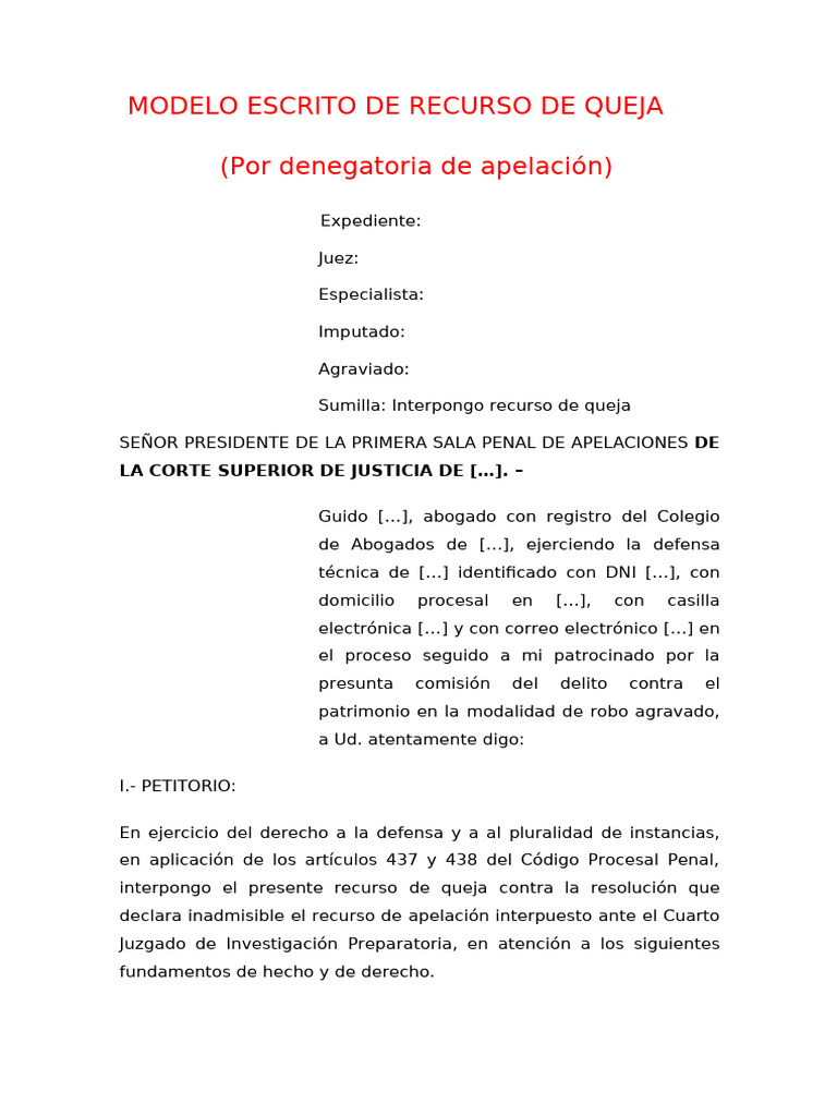 Modelo de Recurso de Queja Penal | PDF | Apelación | Ley procesal