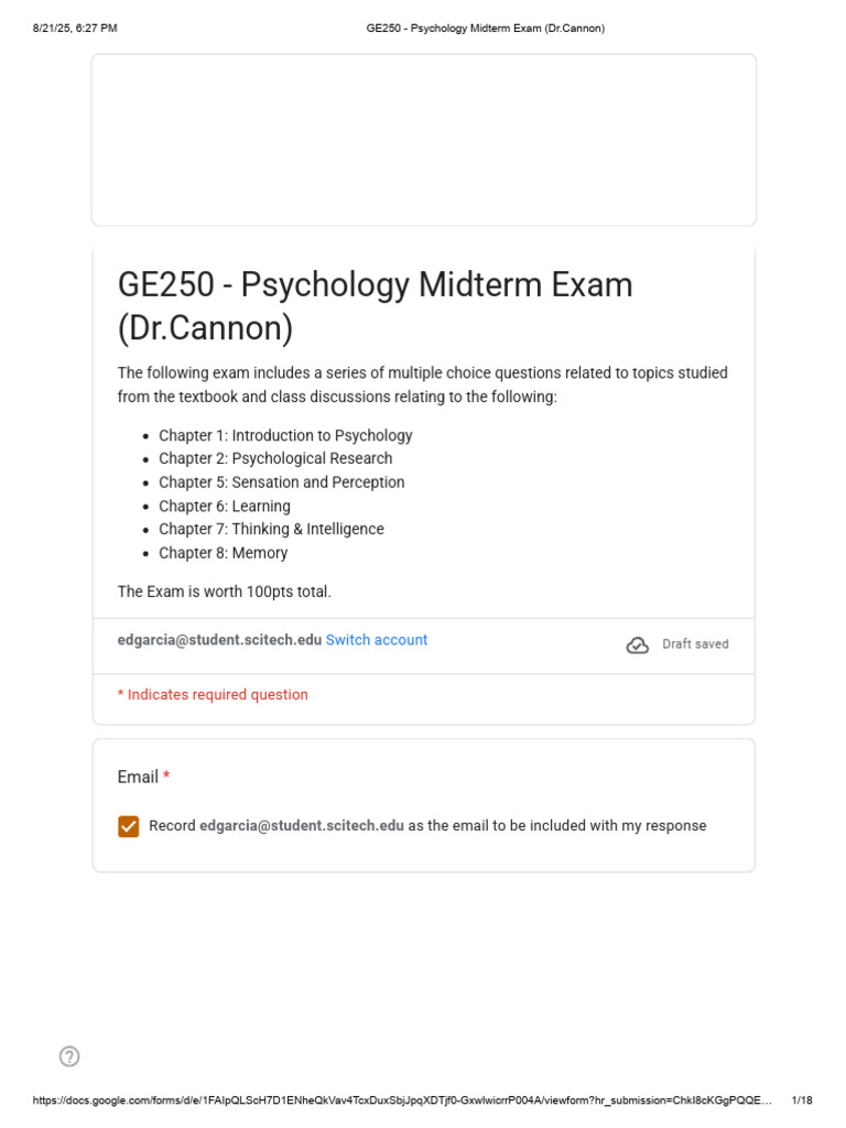 GE250 - Psychology Midterm Exam (Dr.cannon) | PDF | Psychology | Perception