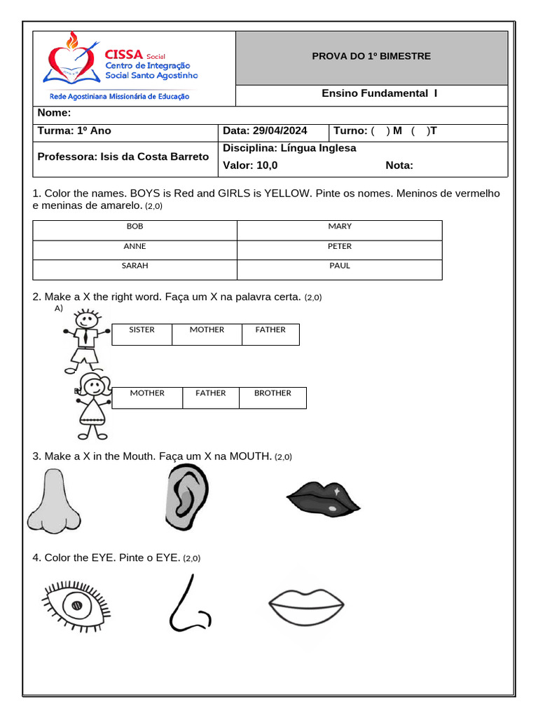 Prova de Língua Inglesa 1º Ano | PDF