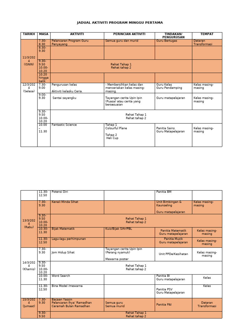 JADUAL AKTIVITI PROGRAM MINGGU PERTAMA 2024 | PDF