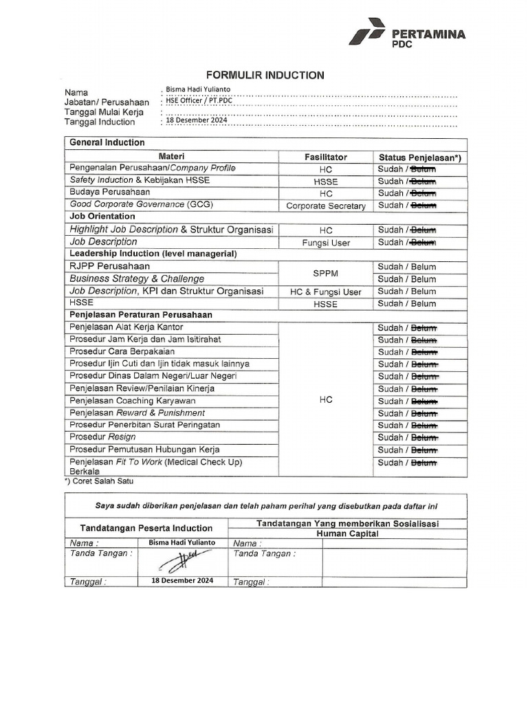 Formulir Induction | PDF