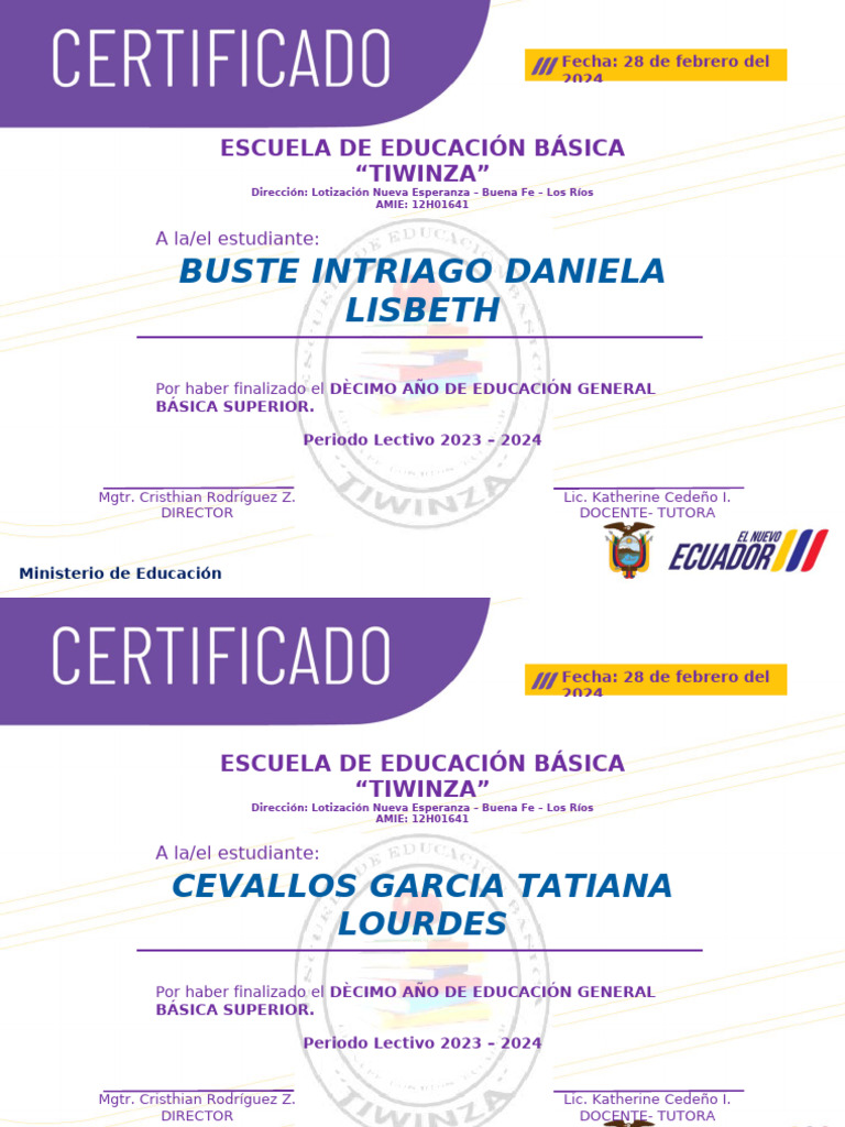 Certificados - Dècimo - 2023-2024 Tiwinza | PDF | Etapas de la vida ...
