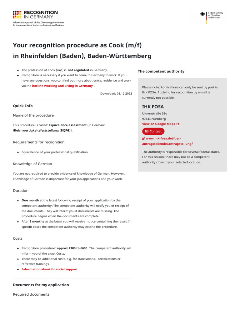 Cook Qualification Recognition in Germany | PDF | Professional ...