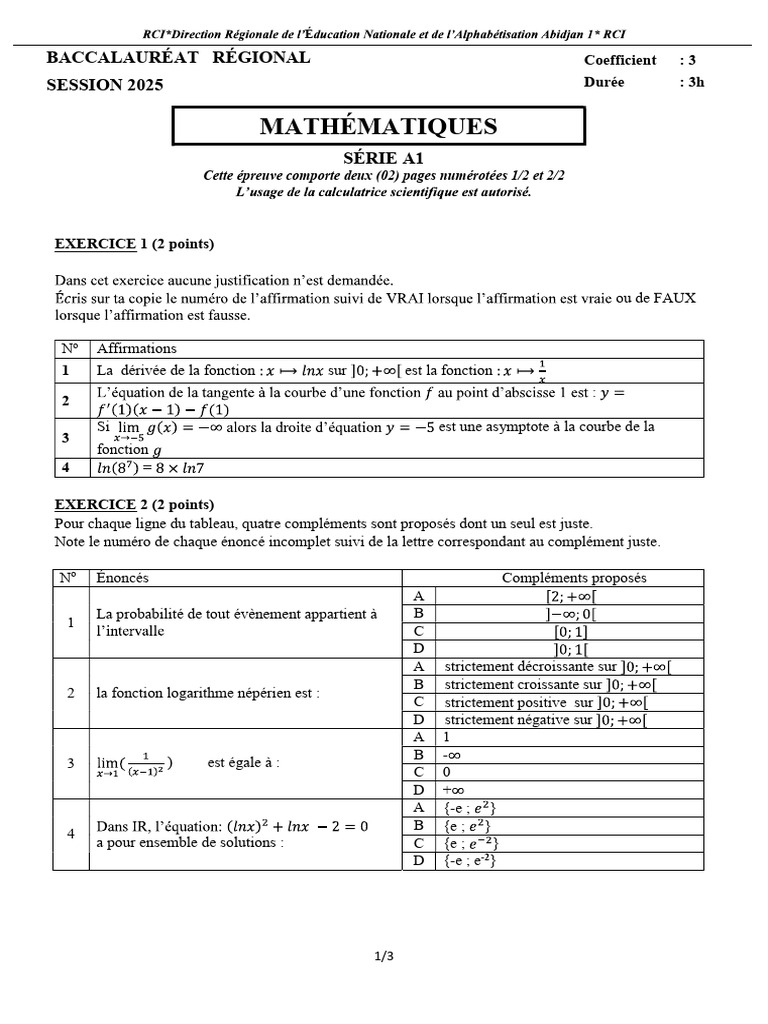 Mathématiques Bac A1 - Épreuves 2025 | PDF | Mathématiques | Analyse ...