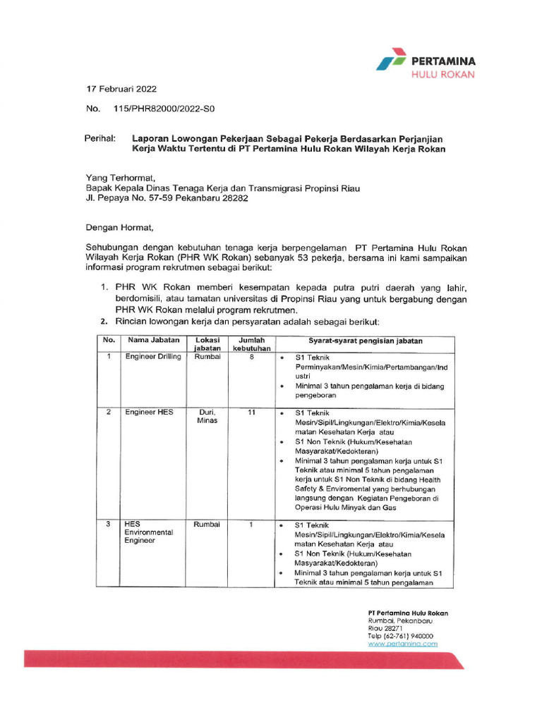 Lowongan PWT Pertamina Hulu Rokan WK Rokan | PDF