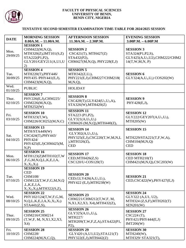 2024/2025 Second Semester Exam Timetable | PDF