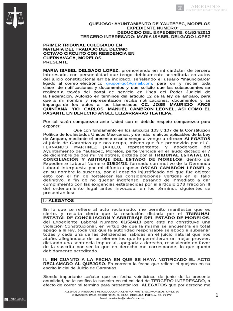 Alegatos en Juicio de Amparo Laboral | PDF | Sentencia (ley) | Justicia