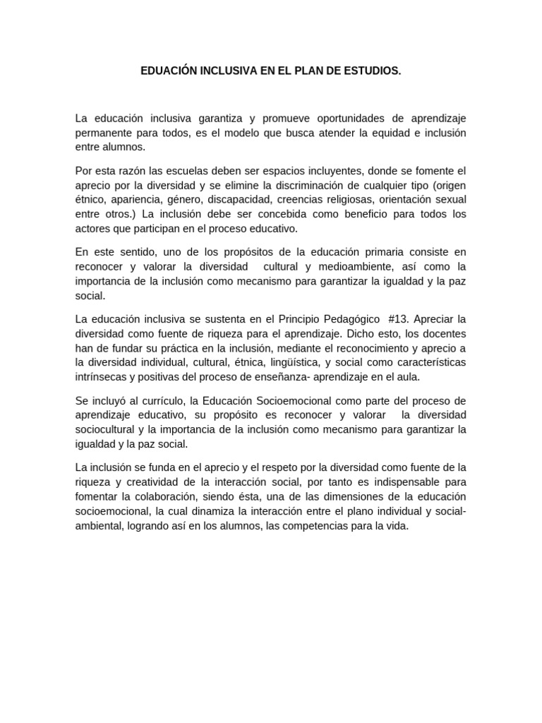 Eduación Inclusiva en El Plan de Estudios | PDF