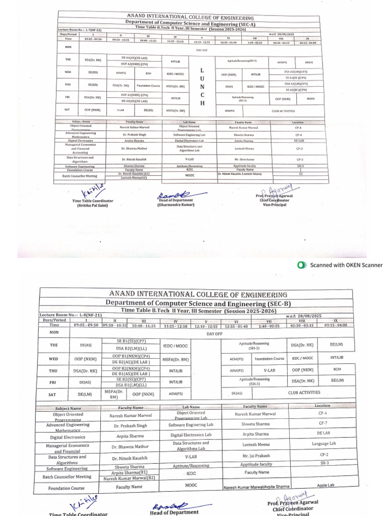 Updated Time Table (IIIrd & VTH Semester) | PDF