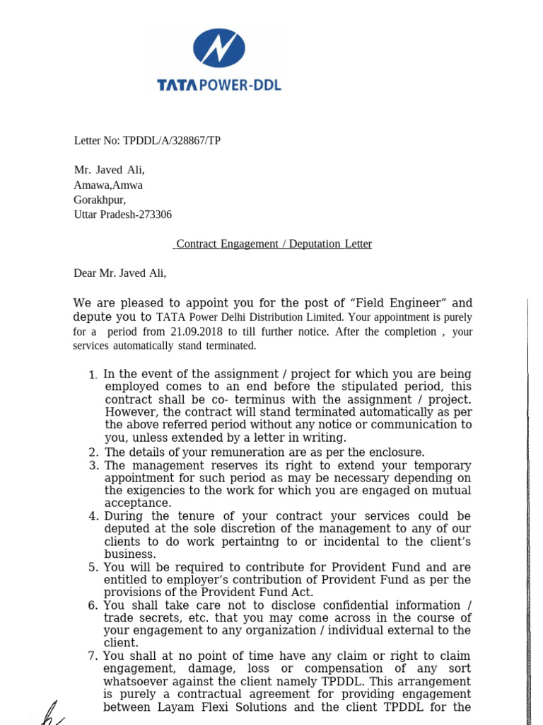 Field Engineer Contract Letter Template | PDF | Private Law | Business