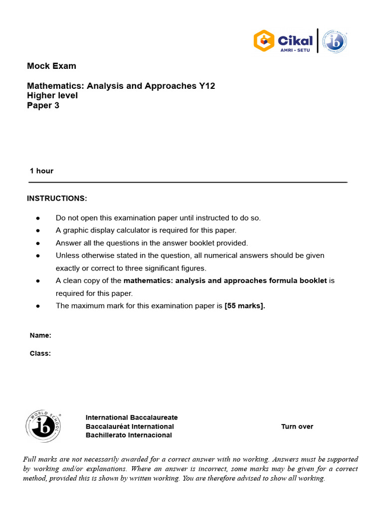 IB Math HL Paper 3 Mock Exam | PDF