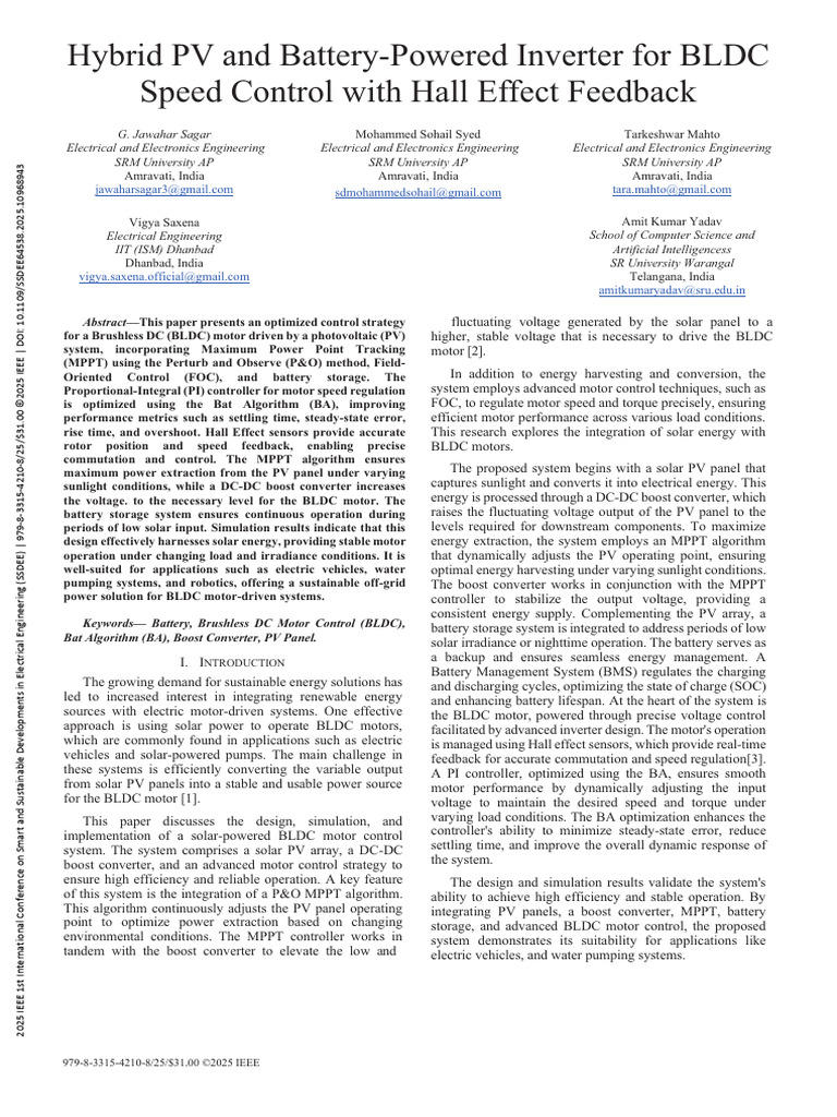 Hybrid PV Inverter for BLDC Motor Control | PDF | Electric Motor ...