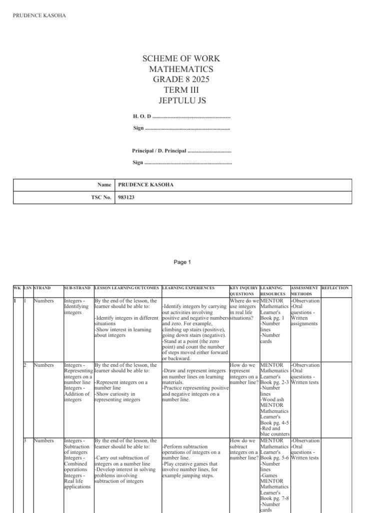 Grade 8 Mathematics Scheme of Work | PDF | Equations | Algebra