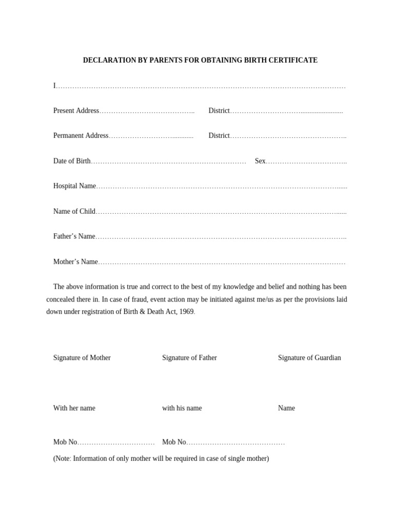 Parent Declaration for Birth Certificate | PDF