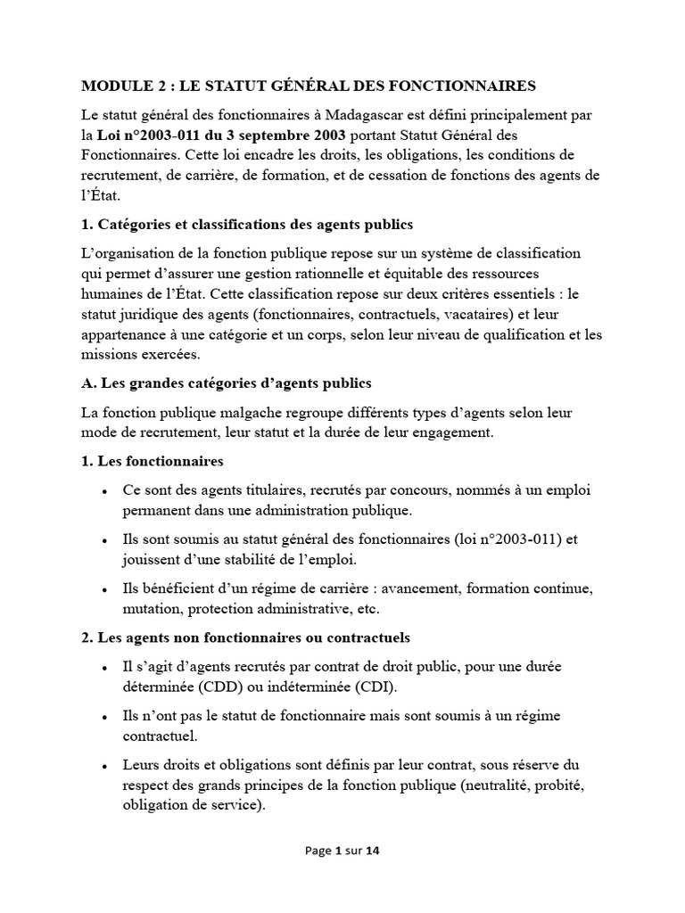 Statut des fonctionnaires à Madagascar | PDF