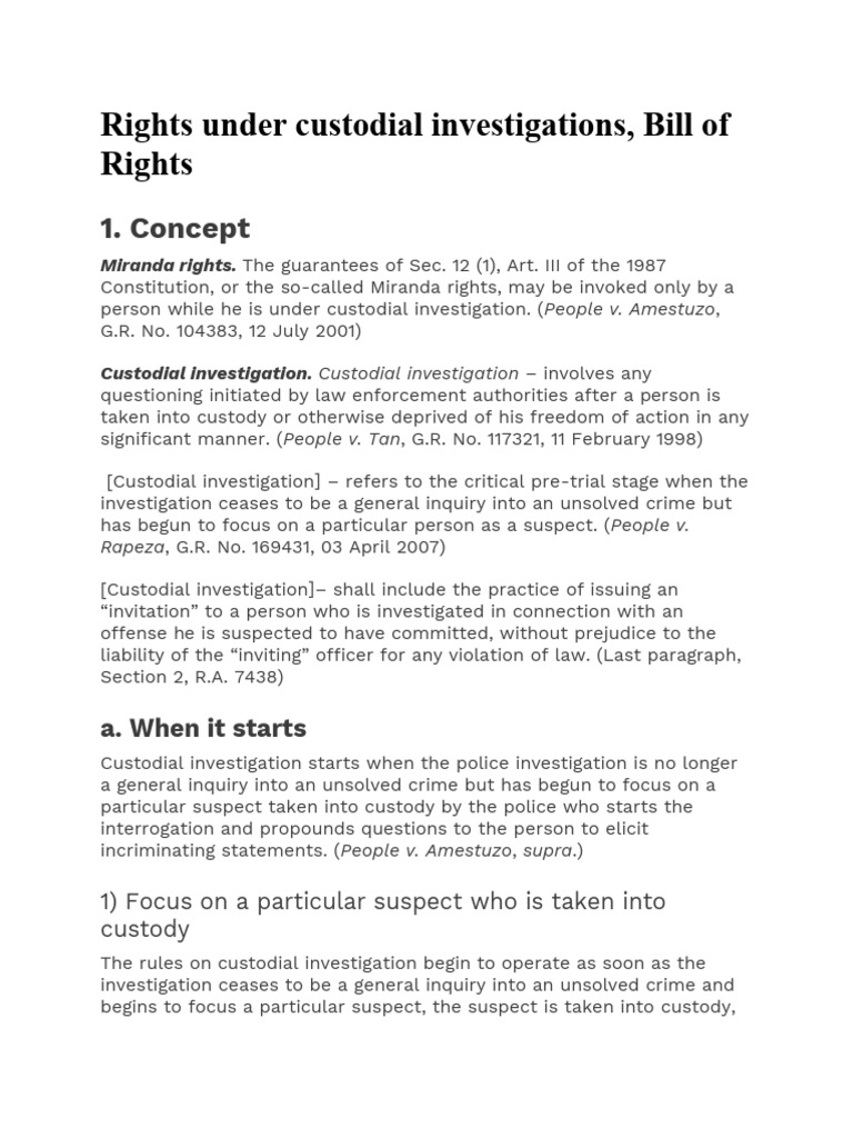 Custodial Investigation Rights Explained | PDF | Miranda Warning ...