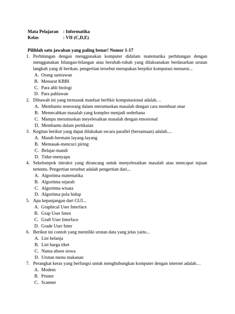Soal Informatika Kelas VII: Komputasi dan Email | PDF