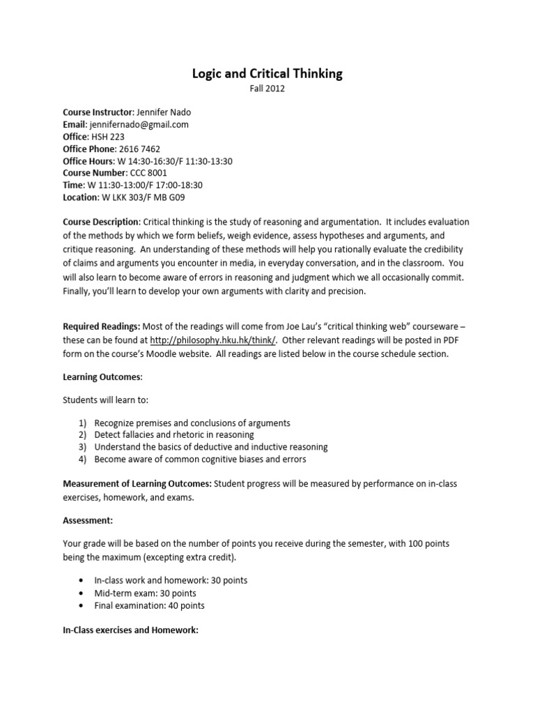 Logic and Critical Thinking Course Guide | PDF | Argument | Fallacy