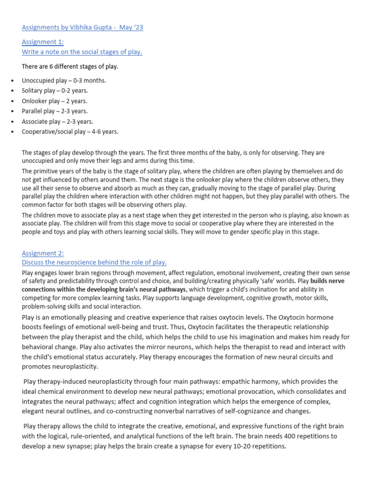 Assignments For Play Therapy - Vibhika Gupta | PDF | Play Therapy | Autism